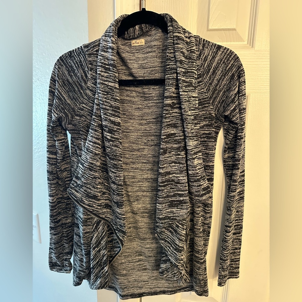 Hollister Black and White Open Front Cardigan with Zipper Detail